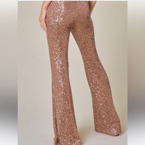 Rose gold sequin bell bottom pants stretch dead stock and Luxury glam glitter